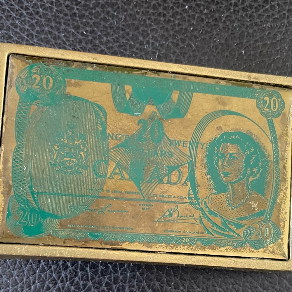 Brass and Green 20 dollar belt buckle with Canadian Design